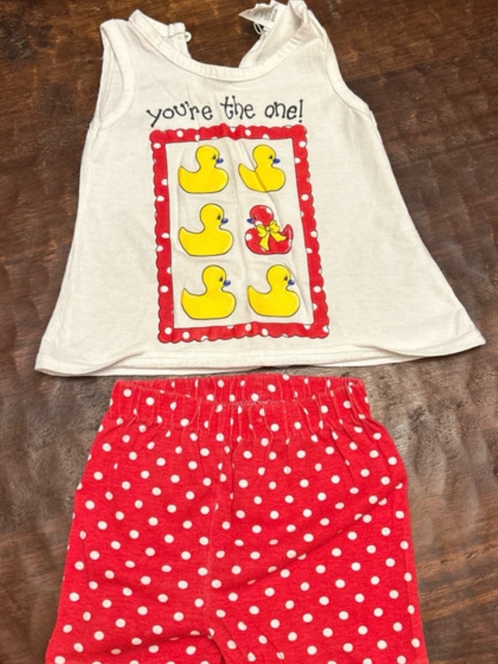 Basic Editions White Tank Top & Red Polka Dot Set with Yellow Duck Motif